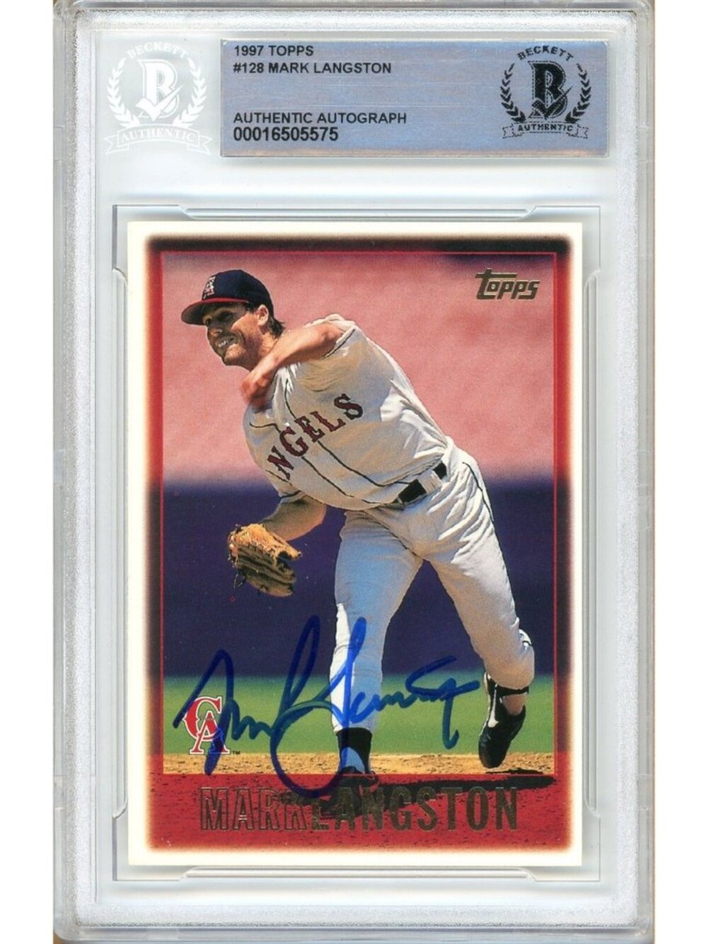 Mark Langston Signed 1997 Topps #128 Anaheim Angels Beckett BAS Slabbed Auto MLB